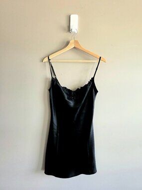 SilkSatin black mini slip dress.